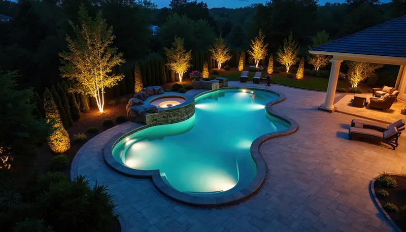 Illuminated backyard pool and attached spa at night.