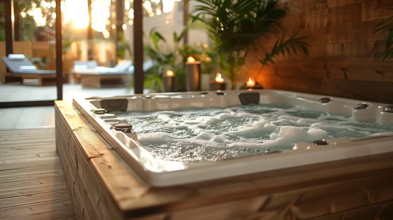 Wood-surround hot tub with bubbling water and candles at sunset.