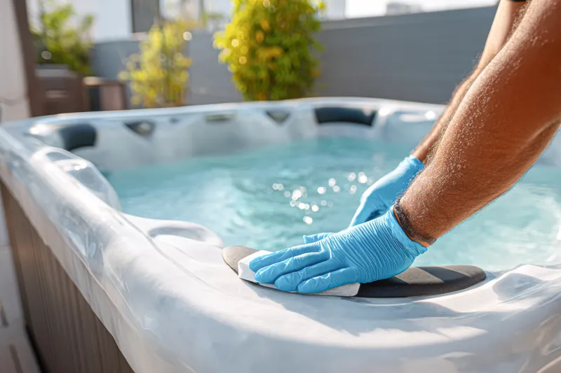 Gloved hands cleaning a hot tub surface and filter during maintenance.