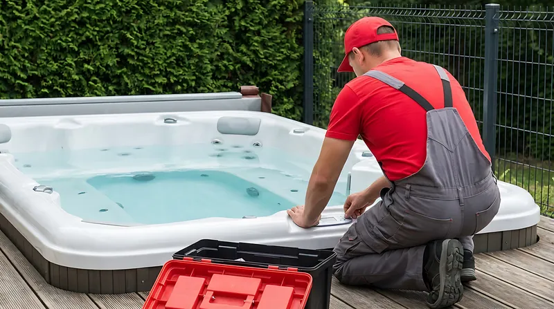 Technician inspecting and servicing a filled hot tub at the cabinet edge.