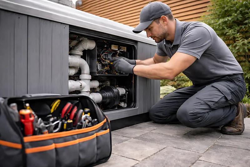 Technician repairing hot tub plumbing and pump inside the open cabinet.