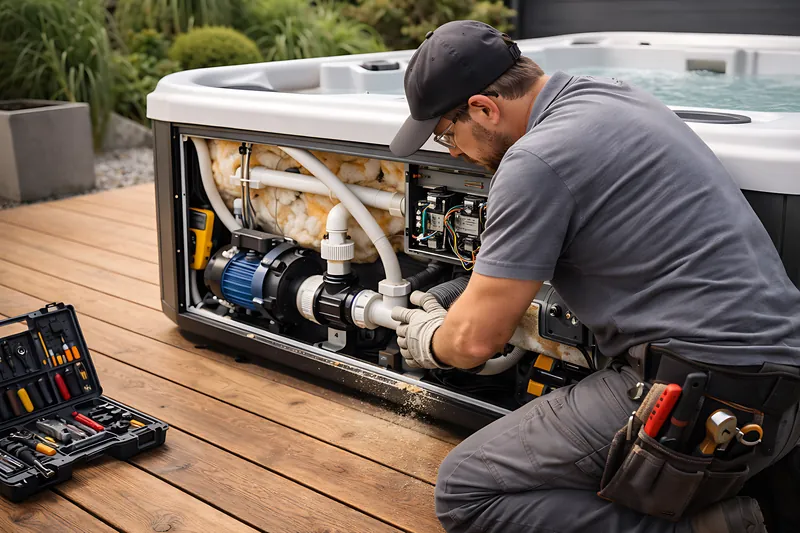 Spa technician servicing the pump, plumbing and control system in the equipment bay.