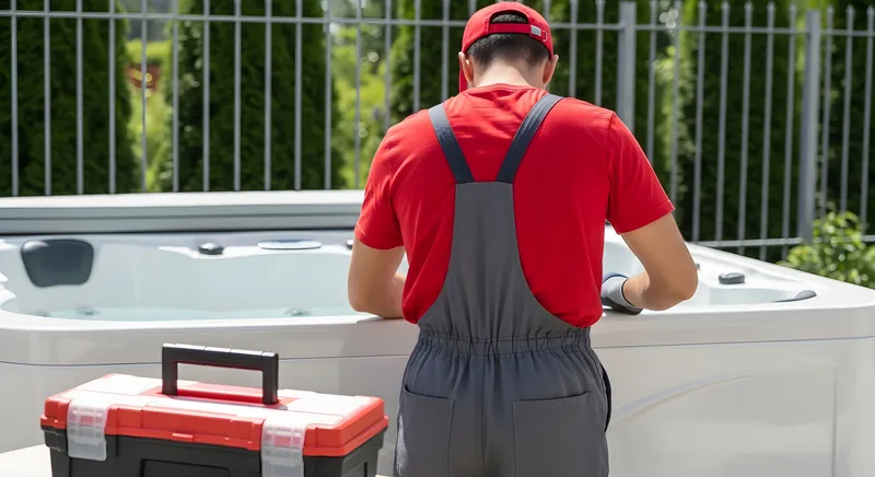 Hot tub repair technician working a backyard service call with a toolbox.