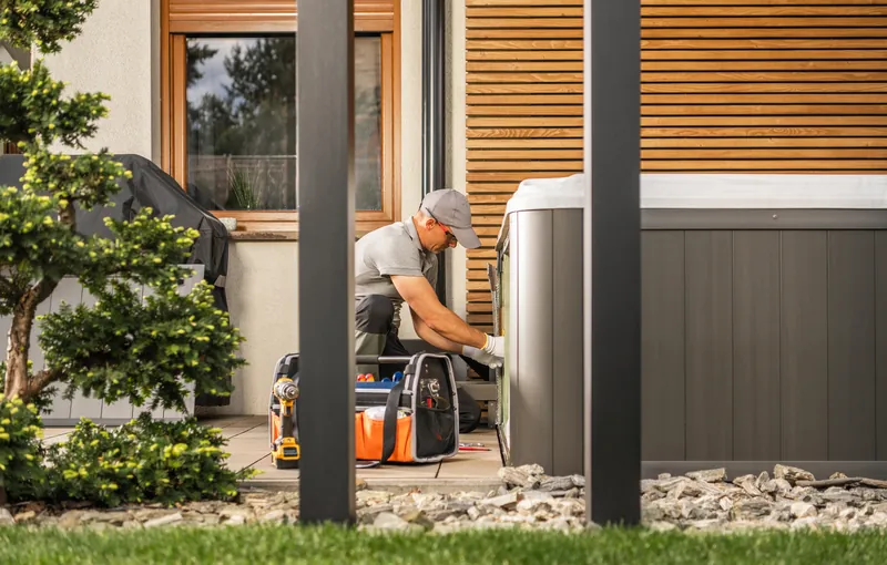 Technician servicing a modern hot tub’s equipment bay outside a home.