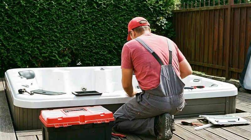 Spa technician kneeling beside a hot tub replacing internal components.