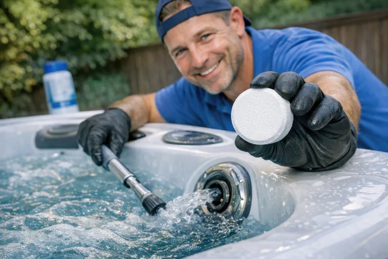Smiling hot tub water-care specialist holding a sanitizer tablet.