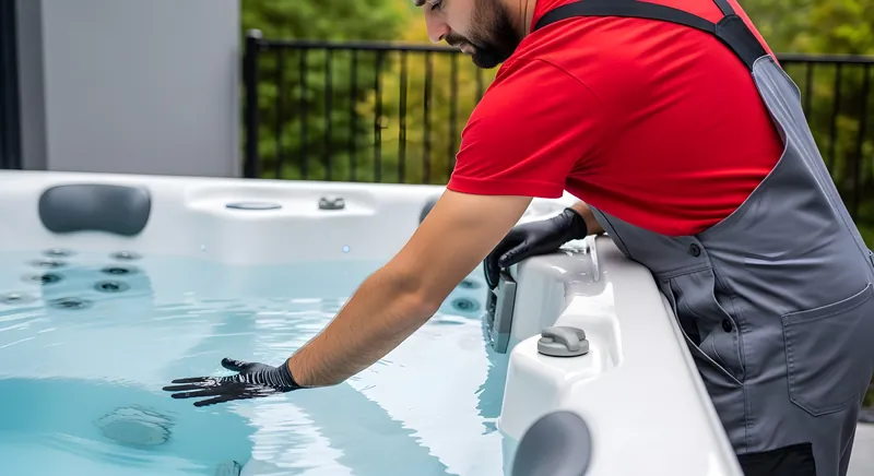 Gloved technician testing hot tub water during a service visit.
